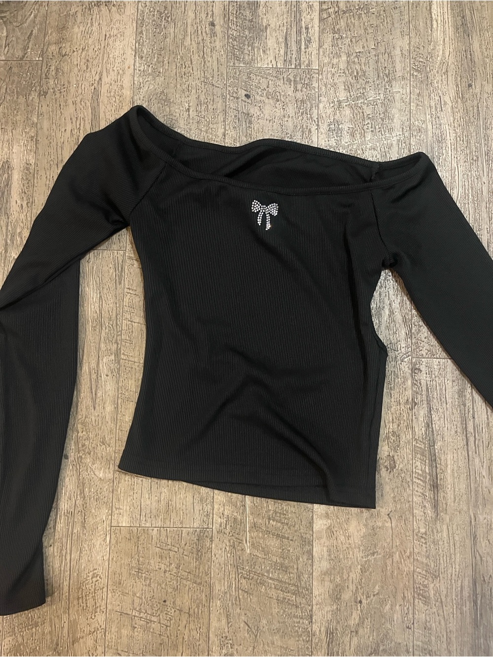 Black Off-Shoulder Long Sleeve Top with Bow Detail